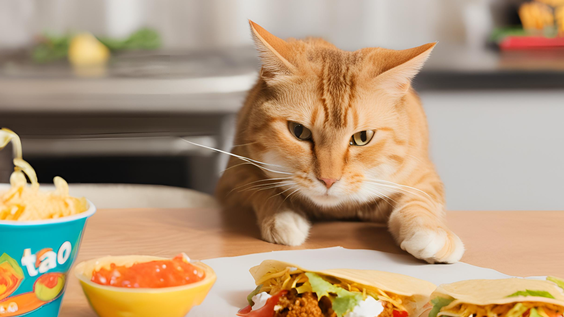 An AI generated image showing a cat sitting down to eat tacos